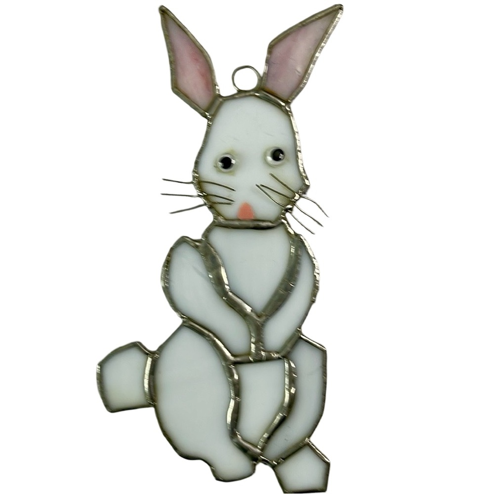 Stained Glass 7” White Bunny Rabbit Window Hanging Suncatcher